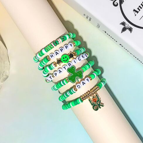 Artlunar St. Patrick's Day Bracelets for Men Women Teens Shamrock&Luck Charm Green Clay Beads Stretch Bracelets St. Patrick's Gifts Party Outfits Accessories in Saudi Arabia