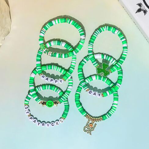 Artlunar St. Patrick's Day Bracelets for Men Women Teens Shamrock&Luck Charm Green Clay Beads Stretch Bracelets St. Patrick's Gifts Party Outfits Accessories in Saudi Arabia