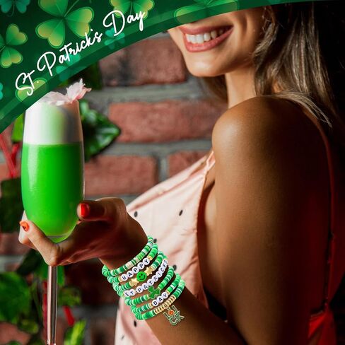 Artlunar St. Patrick's Day Bracelets for Men Women Teens Shamrock&Luck Charm Green Clay Beads Stretch Bracelets St. Patrick's Gifts Party Outfits Accessories in Saudi Arabia