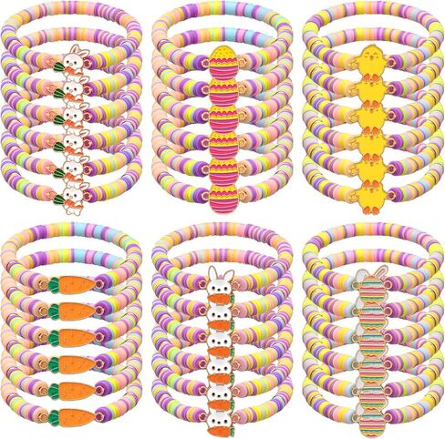 Tondiamo 30 Pcs Easter Party Bracelets Gifts Bulk Easter Bunny Egg Chick Carrot Polymer Clay Beaded Bracelets Bulk for Party Supplies Basket Stuffers Egg Fillers Gifts in Saudi Arabia