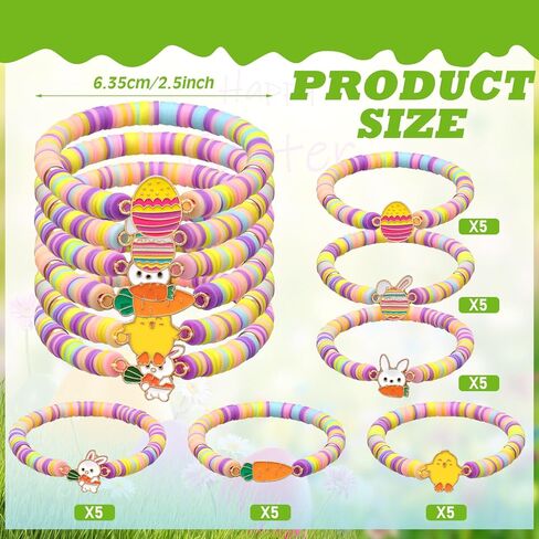 Tondiamo 30 Pcs Easter Party Bracelets Gifts Bulk Easter Bunny Egg Chick Carrot Polymer Clay Beaded Bracelets Bulk for Party Supplies Basket Stuffers Egg Fillers Gifts in Saudi Arabia