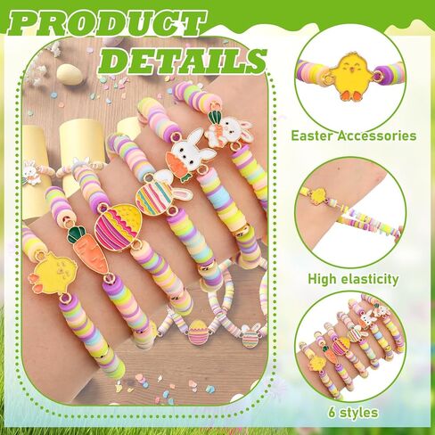 Tondiamo 30 Pcs Easter Party Bracelets Gifts Bulk Easter Bunny Egg Chick Carrot Polymer Clay Beaded Bracelets Bulk for Party Supplies Basket Stuffers Egg Fillers Gifts in Saudi Arabia