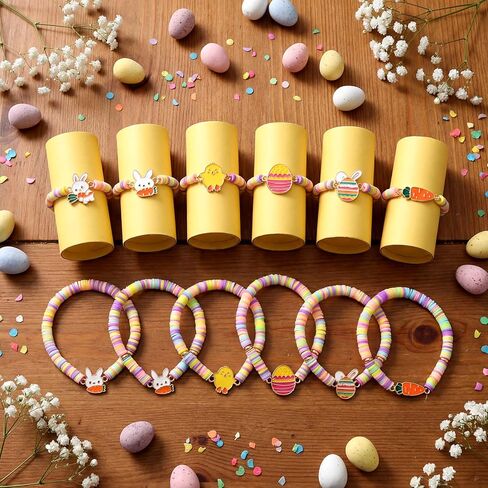 Tondiamo 30 Pcs Easter Party Bracelets Gifts Bulk Easter Bunny Egg Chick Carrot Polymer Clay Beaded Bracelets Bulk for Party Supplies Basket Stuffers Egg Fillers Gifts in Saudi Arabia