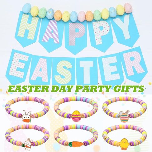 Tondiamo 30 Pcs Easter Party Bracelets Gifts Bulk Easter Bunny Egg Chick Carrot Polymer Clay Beaded Bracelets Bulk for Party Supplies Basket Stuffers Egg Fillers Gifts in Saudi Arabia