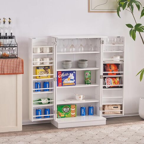 خزانة تخزين المطبخ بتصميم باب مزدوج مع أرفف قابلة للتعديل، يمكن استخدام الطراز الحديث كخزانة جانبية في غرفة الطعام أو غرفة المعيشة، وتأتي خزانة التخزين المستقلة مع طقم تثبيت على الحائط باللون الأبيض in Kuwait