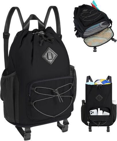 WANDF Drawstring Backpack with Removable Wet Pocket, Sandproof Beach Backpack with Bottom Compression Strap for Beach Mat, Swim Bag for Pool, Gym, Travel and Workout Gear (Black) in Kuwait