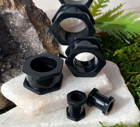 PAIR of Unique Black Hexagon Silicone Double Flare Tunnels - Plug - Gauges - Body Jewelry in Saudi Arabia