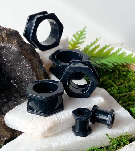 PAIR of Unique Black Hexagon Silicone Double Flare Tunnels - Plug - Gauges - Body Jewelry in Saudi Arabia