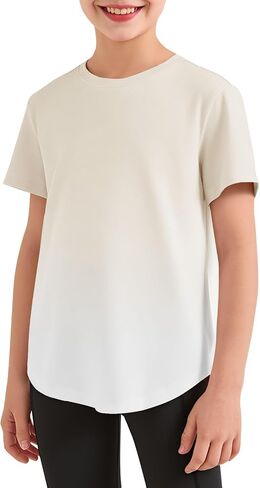 Haloumoning Girls Gradient Short Sleeve Athletic Shirts Kids Summer Crewneck Quick Dry Tees with Curved Hem 5-14 Years in Saudi Arabia