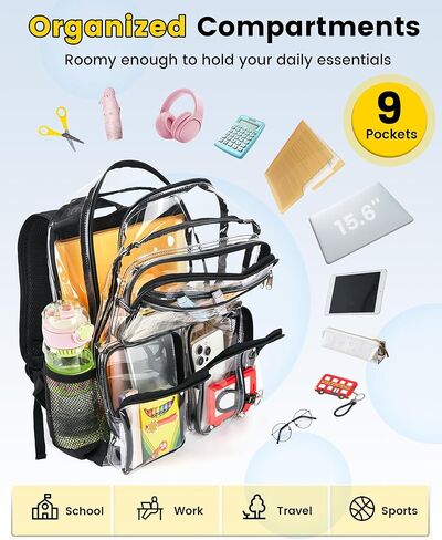 Vorspack Clear Backpack for School - Heavy Duty See Through Bookbag for Girls Boys Large Transparent Backpacks for Work, Travel, Festival - Black in Kuwait