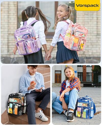 Vorspack Clear Backpack for School - Heavy Duty See Through Bookbag for Girls Boys Large Transparent Backpacks for Work, Travel, Festival - Black in Kuwait