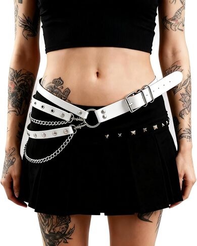 حزام واسط بطبقات من جلد البولي يوريثان للنساء من Punk Goth، إكسسوارات أحزمة سلسلة قوطية قابلة للتعديل من Grunge Emo Rave in Kuwait