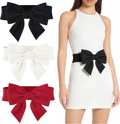 أحزمة كونال 3 قطع على شكل فيونكة للنساء، حزام فيونكة أحمر مع حزام خصر مرن واسع، إكسسوارات أحزمة فيونكة كلاسيكية للحفلات والفساتين والمهرجانات (أسود، أبيض وأحمر) in Kuwait