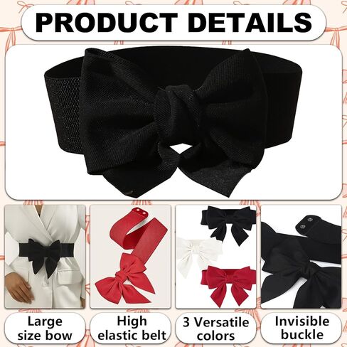 أحزمة كونال 3 قطع على شكل فيونكة للنساء، حزام فيونكة أحمر مع حزام خصر مرن واسع، إكسسوارات أحزمة فيونكة كلاسيكية للحفلات والفساتين والمهرجانات (أسود، أبيض وأحمر) in Kuwait