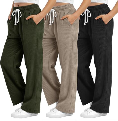 3 Pack Girls Corduroy School Uniform Pants Kids Lightweight Wide Leg High Waist Drawstring Sweatpants with Pockets in Saudi Arabia
