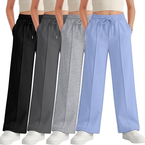 4 Pack Girls Sweatpants Teen Girls Baggy Wide Leg Pants Drawstring Joggers Athletic Trousers with Pockets 5-14Y in Saudi Arabia