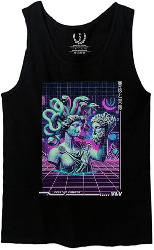 0559. تيشيرت رجالي بدون أكمام بتصميم ميدوسا اليوناني الجمالي Vaporwave Art Cyberpunk Streetwear Rave in Kuwait