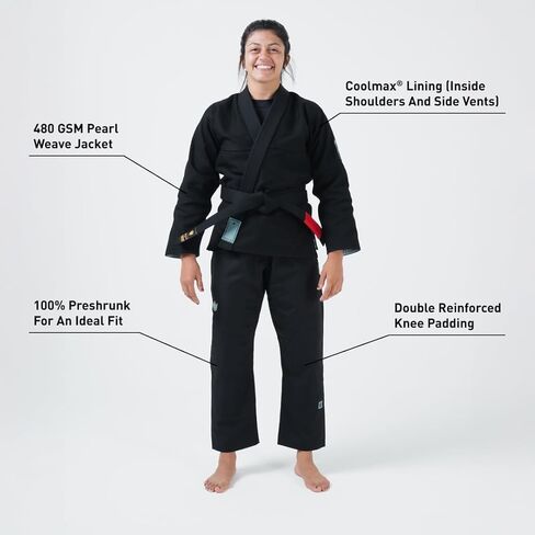 KINGZ Balistico 4.0 للسيدات Jiu Jitsu Gi - أسود، IBJJF 2024 قانوني، سترة منسوجة باللؤلؤ 480 جرام لكل متر مربع وبنطلون Ripstop بوزن 8 أونصة in Kuwait