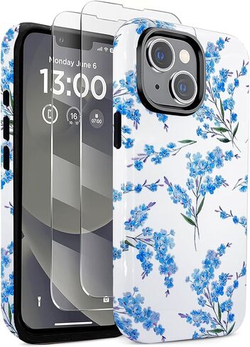 J.west Case for iPhone 13 and iPhone 14 Case with 2 Pack Tempered Glass Screen Protectors Cute Floral Flowers Hybrid Cover for Girls Women Aesthetic Protective Phone Cases Teal Blue in Saudi Arabia