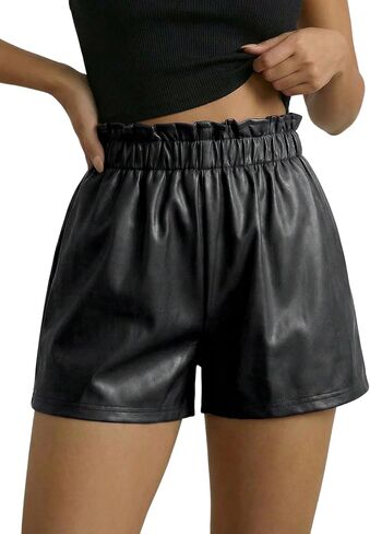 OYOANGLE Women's PU Leather Frill Trim Elastic Waist Shorts Vintage Loose Straight Leg Shorts in Kuwait