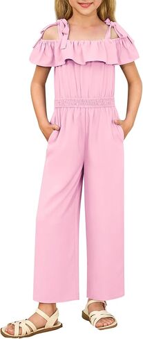 GRACE KARIN Girls Wide Leg Jumpsuit Summer Romper Kids Casual One Piece Off Shoulder Ruffle with Pockets Size 7-14 in Saudi Arabia