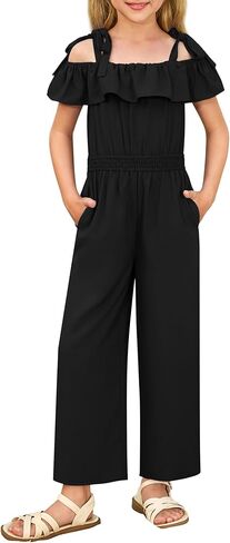 GRACE KARIN Girls Wide Leg Jumpsuit Summer Romper Kids Casual One Piece Off Shoulder Ruffle with Pockets Size 7-14 in Kuwait