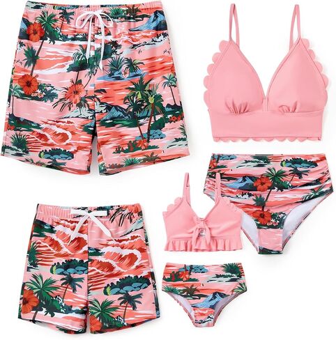 Family Matching Solid Scallop Trim Strappy Two-Piece Swimsuit and Allover Floral Print Swim Trunks Shorts in Saudi Arabia