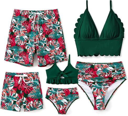 Family Matching Solid Scallop Trim Strappy Two-Piece Swimsuit and Allover Floral Print Swim Trunks Shorts in Saudi Arabia