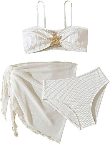 SHENHE Girl's 3 Piece Swimsuits Spaghetti Strap Starfish Bikini Set Bathing Suit with Sarong Cover Up in Saudi Arabia