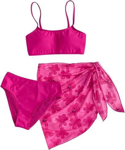 Milumia Girl's 3 Piece Tropical Floral Bikini Set High Waisted Swimsuit with Beach Wrap Skirt Cover Up Bathing Suit in Saudi Arabia