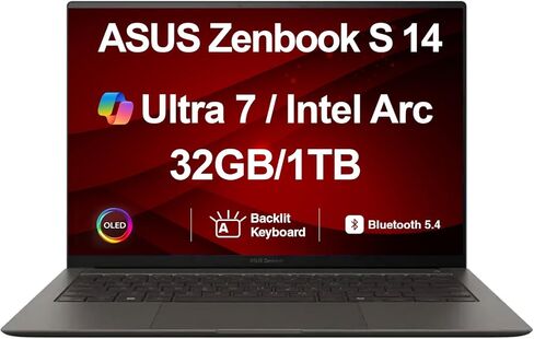 Asus Zenbook S 14 AI PC Laptop 14.0 "شاشة تعمل باللمس OLED 2.8K (Intel Ultra 7-258V ، 32GB LPDDR5X ، 1TB SSD ، Intel ARC ، Backlit KB ، 2 Thunderbolt 4 ، Wifi 7 ، Webcam ، Bluetooth 5.4 ، Win 11 Home) in Kuwait