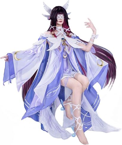 Columbina Cosplay Genshin Women Costumes White Purple Dress with Butterfly Headdress and Eye Mask for Halloween Party in Kuwait
