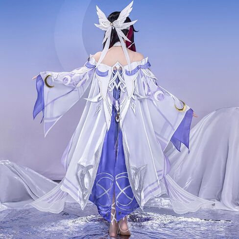 Columbina Cosplay Genshin Women Costumes White Purple Dress with Butterfly Headdress and Eye Mask for Halloween Party in Kuwait