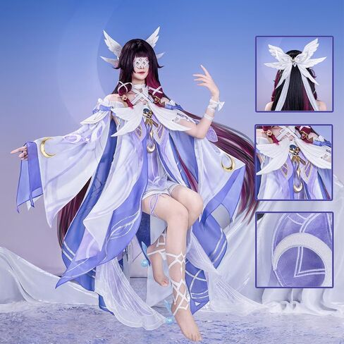 Columbina Cosplay Genshin Women Costumes White Purple Dress with Butterfly Headdress and Eye Mask for Halloween Party in Kuwait