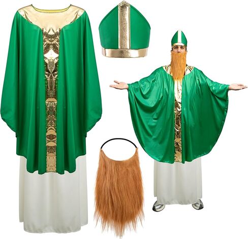 4 Pcs St. Patrick's Day Wiseman Costume, Catholic Saint Patrick Men Costumes Include Robe, Waist Skirt, Hat and False Beard, St Patricks Parade Costume for Adult Irish Party Outfit in Saudi Arabia