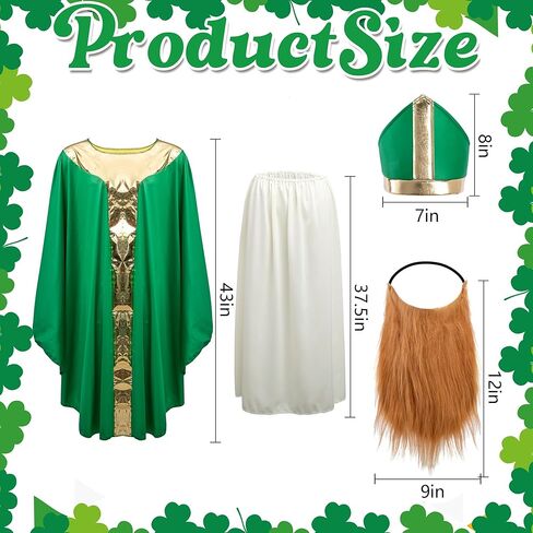 4 Pcs St. Patrick's Day Wiseman Costume, Catholic Saint Patrick Men Costumes Include Robe, Waist Skirt, Hat and False Beard, St Patricks Parade Costume for Adult Irish Party Outfit in Saudi Arabia