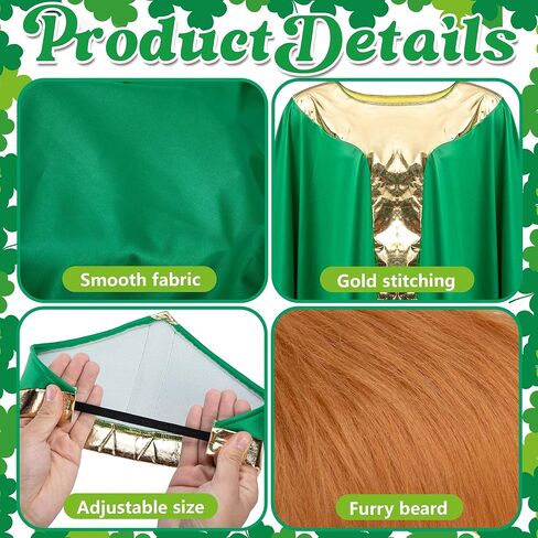 4 Pcs St. Patrick's Day Wiseman Costume, Catholic Saint Patrick Men Costumes Include Robe, Waist Skirt, Hat and False Beard, St Patricks Parade Costume for Adult Irish Party Outfit in Saudi Arabia