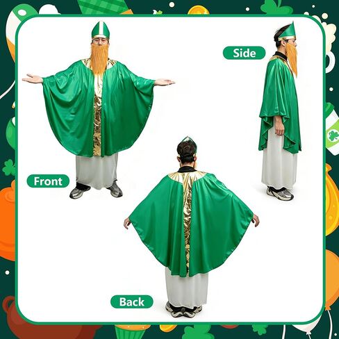 4 Pcs St. Patrick's Day Wiseman Costume, Catholic Saint Patrick Men Costumes Include Robe, Waist Skirt, Hat and False Beard, St Patricks Parade Costume for Adult Irish Party Outfit in Saudi Arabia