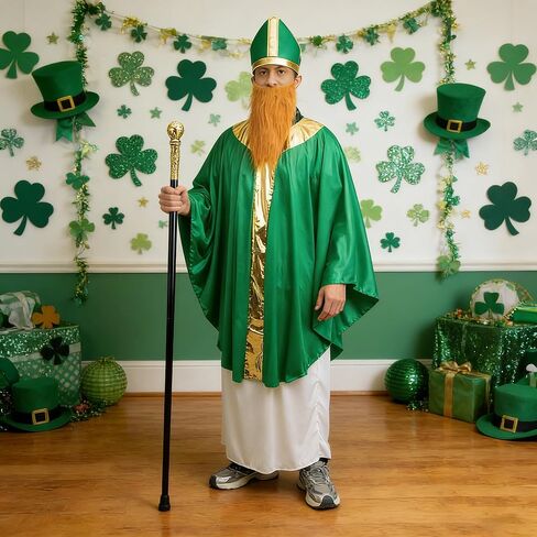 4 Pcs St. Patrick's Day Wiseman Costume, Catholic Saint Patrick Men Costumes Include Robe, Waist Skirt, Hat and False Beard, St Patricks Parade Costume for Adult Irish Party Outfit in Saudi Arabia