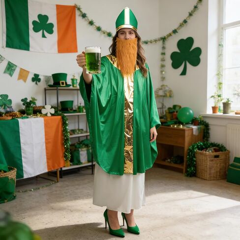 4 Pcs St. Patrick's Day Wiseman Costume, Catholic Saint Patrick Men Costumes Include Robe, Waist Skirt, Hat and False Beard, St Patricks Parade Costume for Adult Irish Party Outfit in Saudi Arabia