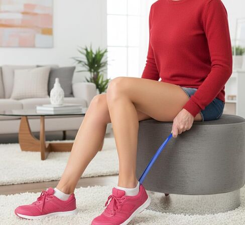 Rehabilitation Advantage 2 Pack Long Blue Plastic Shoehorn Lightweight Shoe Helper Curved Handle Hanging Loop Hooked End in Saudi Arabia