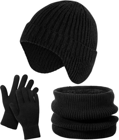 Kids Hat and Gloves Set - Winter Scarf Beanie Hat Kids Gloves Touchscreen, 3 Pcs Neck Warmer Scarf Black Stain-Resistant Set in Kuwait