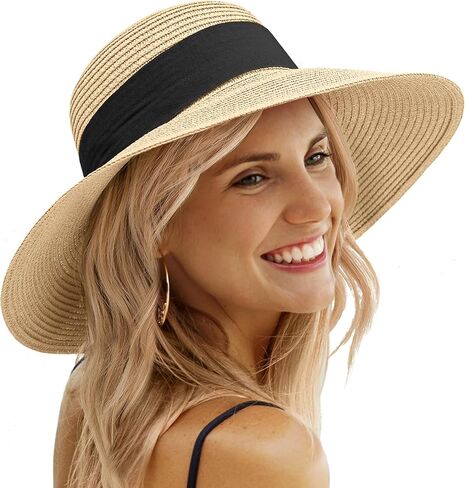 Sun Beach Hats for Women,Wide Brim Straw Hats Womens with Chin Strap, Foldable Woven Sun Hat UV Protection in Saudi Arabia