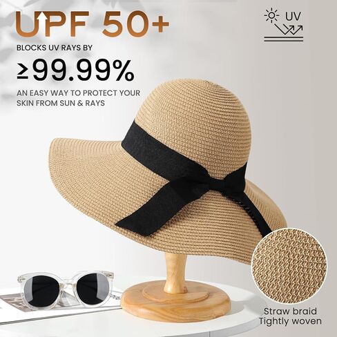 Sun Beach Hats for Women,Wide Brim Straw Hats Womens with Chin Strap, Foldable Woven Sun Hat UV Protection in Saudi Arabia
