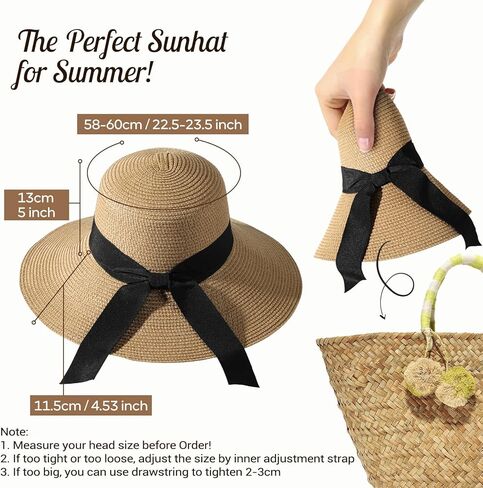 Sun Beach Hats for Women,Wide Brim Straw Hats Womens with Chin Strap, Foldable Woven Sun Hat UV Protection in Saudi Arabia