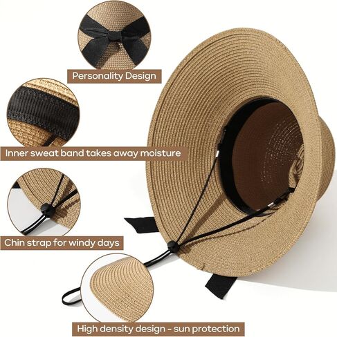 Sun Beach Hats for Women,Wide Brim Straw Hats Womens with Chin Strap, Foldable Woven Sun Hat UV Protection in Saudi Arabia