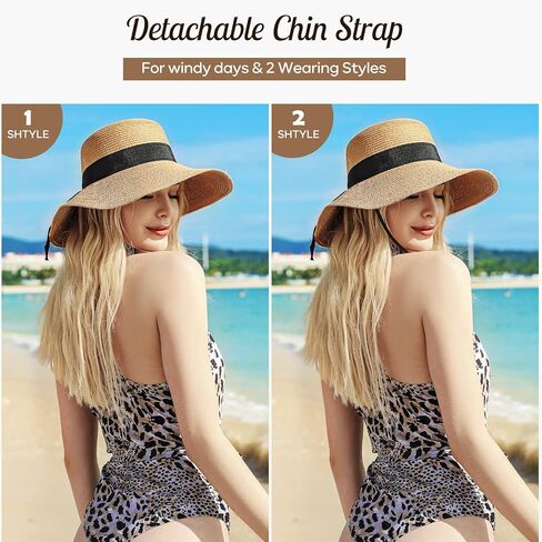Sun Beach Hats for Women,Wide Brim Straw Hats Womens with Chin Strap, Foldable Woven Sun Hat UV Protection in Saudi Arabia