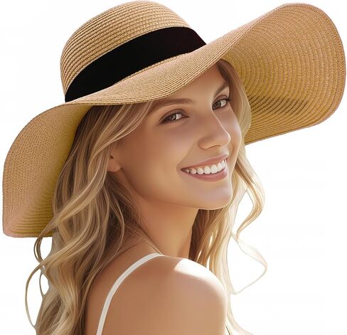 Sun Beach Hats for Women,Wide Brim Straw Hats Womens with Chin Strap, Foldable Woven Sun Hat UV Protection in Saudi Arabia