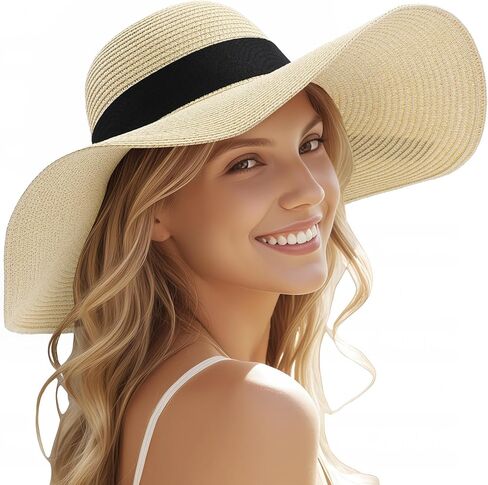 Sun Beach Hats for Women,Wide Brim Straw Hats Womens with Chin Strap, Foldable Woven Sun Hat UV Protection in Saudi Arabia