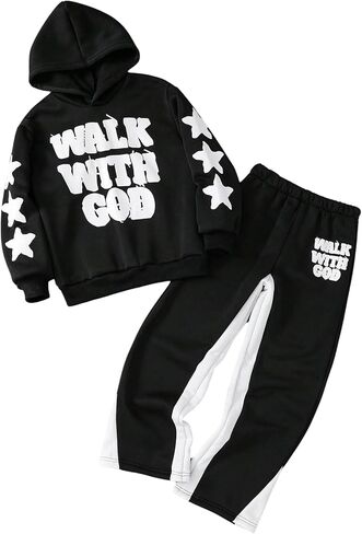 Boy's Sweatsuits 2 Piece Y2K Outfits Star Graphic Hooded Sweatshirts and Colorblock Sweat Pants in Saudi Arabia